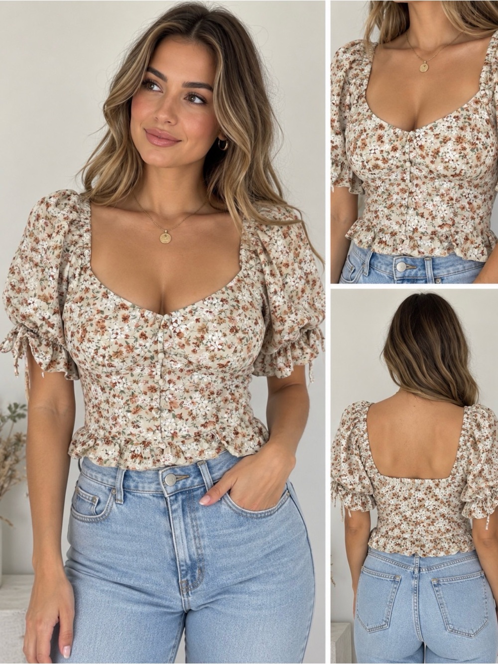 Women’s Floral Square-Neck Puff Sleeve Top in Beige Floral